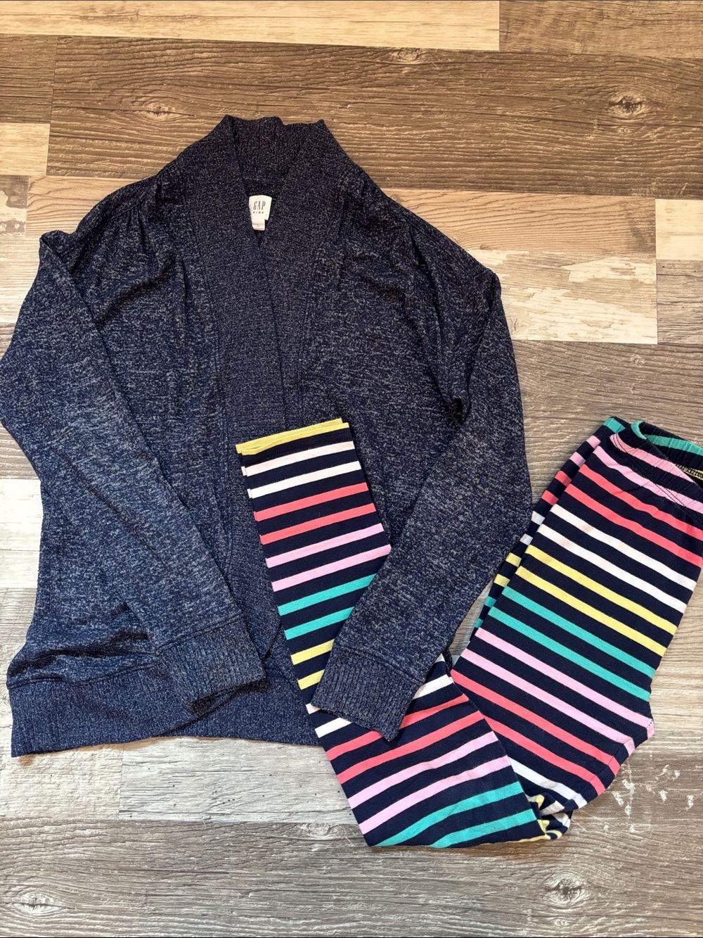 GAP Navy Knit Cardigan with Multicolor Striped leggings